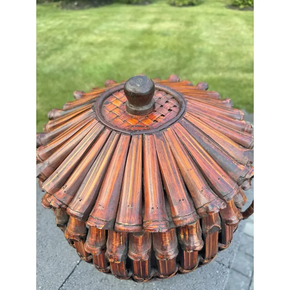 Large Asian Ikebana Bamboo Basket Lidded Woven Tortoise Floor Vase 17